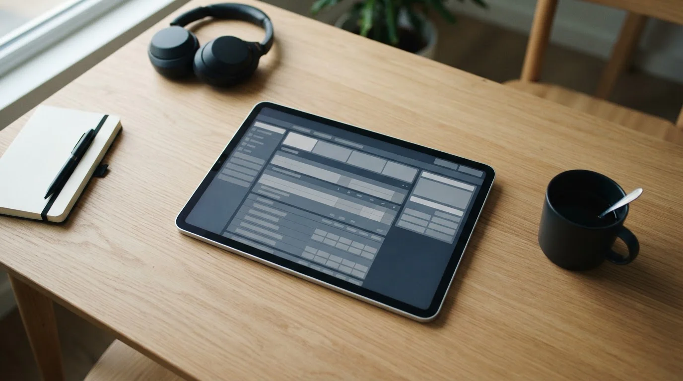 Tablet mit neutraler Wettoberfläche auf Schreibtisch, Fokus auf Zugänglichkeit und niedrige Einstiegshürde