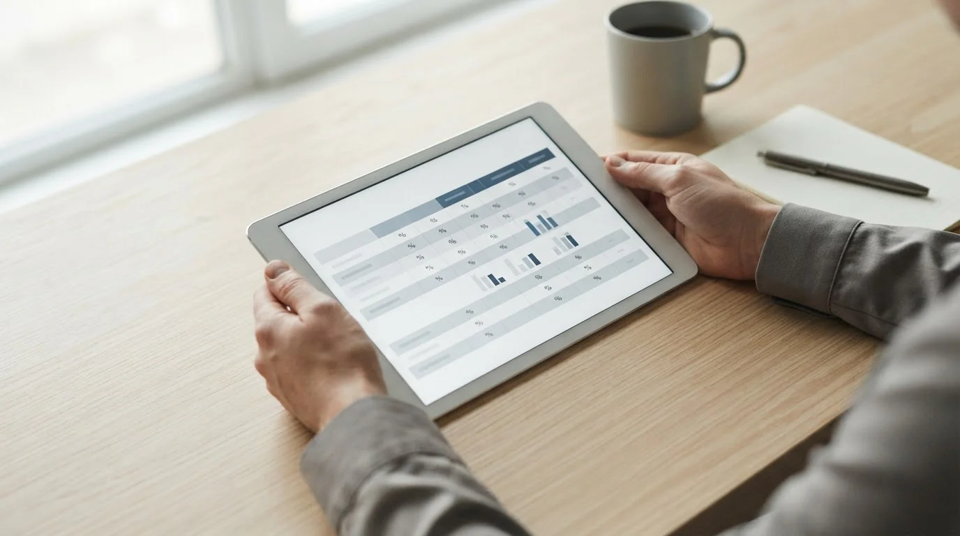 Vergleichstabelle auf Tablet-Bildschirm mit neutralen Datenzeilen und Prozentangaben