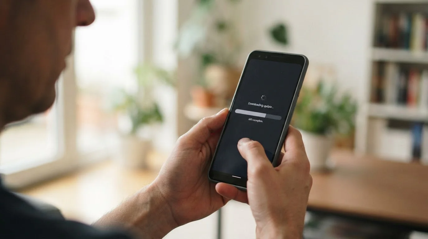Hand hält Android-Smartphone während des App-Download-Vorgangs
