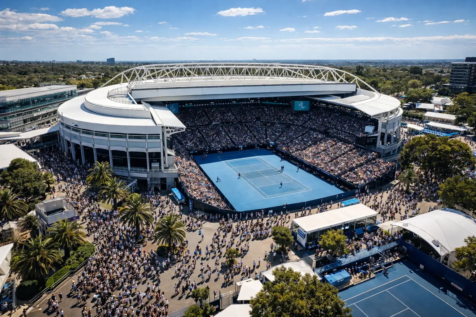 Australian Open 2026 in Melbourne Park — Publikum verfolgt ein Tennismatch auf dem zentralen Hartplatz