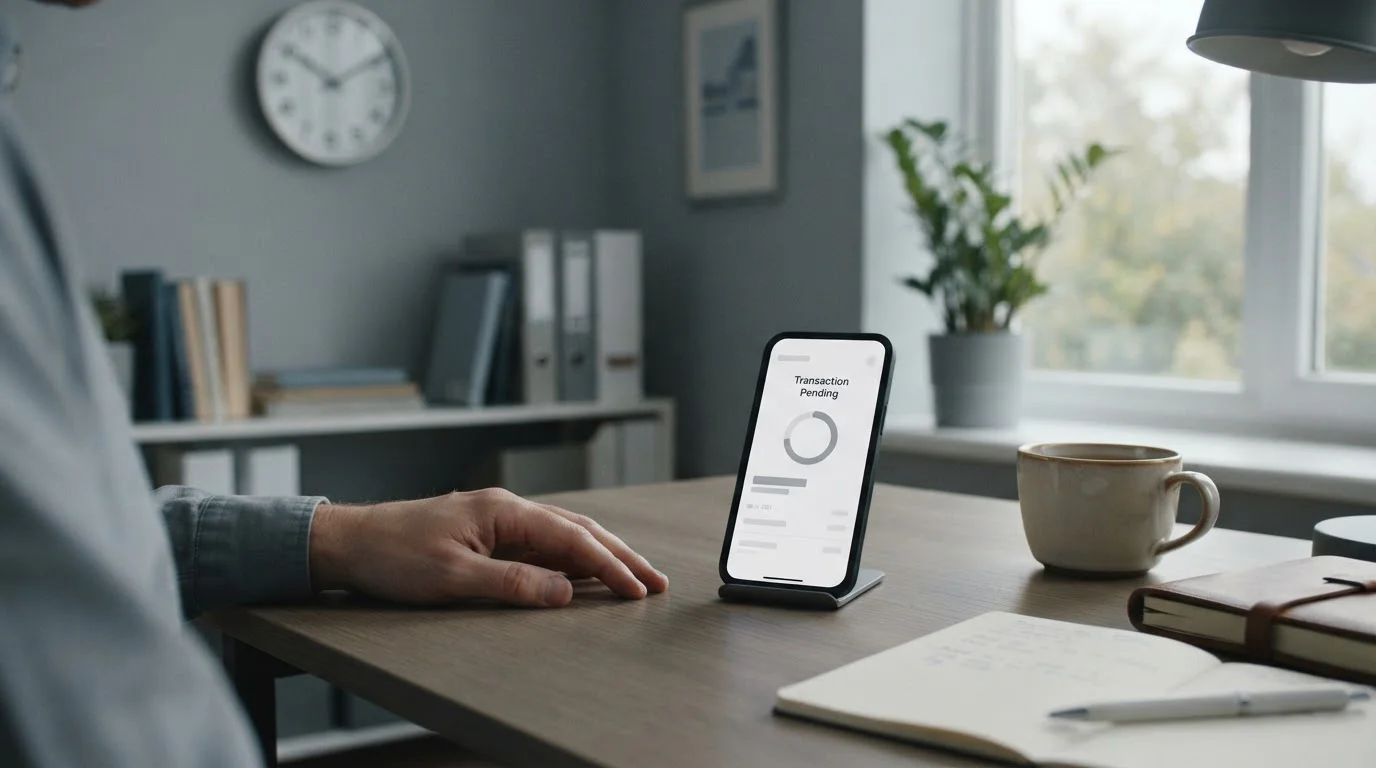 Smartphone mit Banking-App zeigt ausstehende Überweisung neben Wanduhr