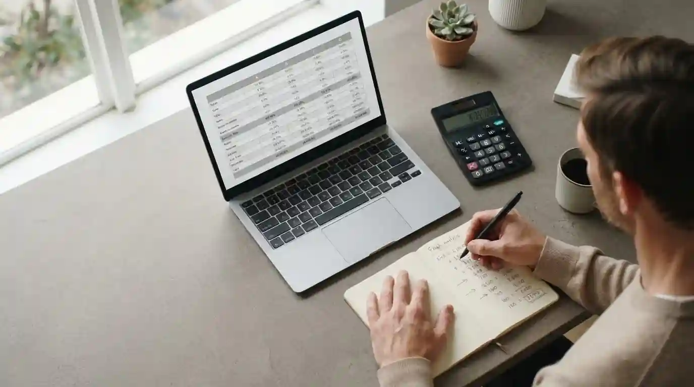 Person analysiert Wettanbieter-Vergleich auf Laptop mit Taschenrechner und Notizen