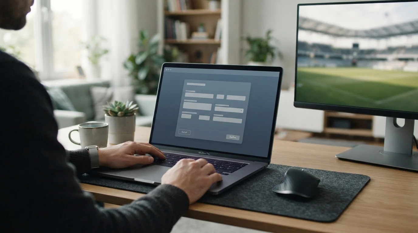 Laptop zeigt SEPA-Überweisungsformular für Sportwetten-Einzahlung