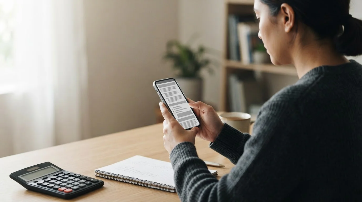 Person liest Bonusbedingungen auf dem Smartphone-Bildschirm