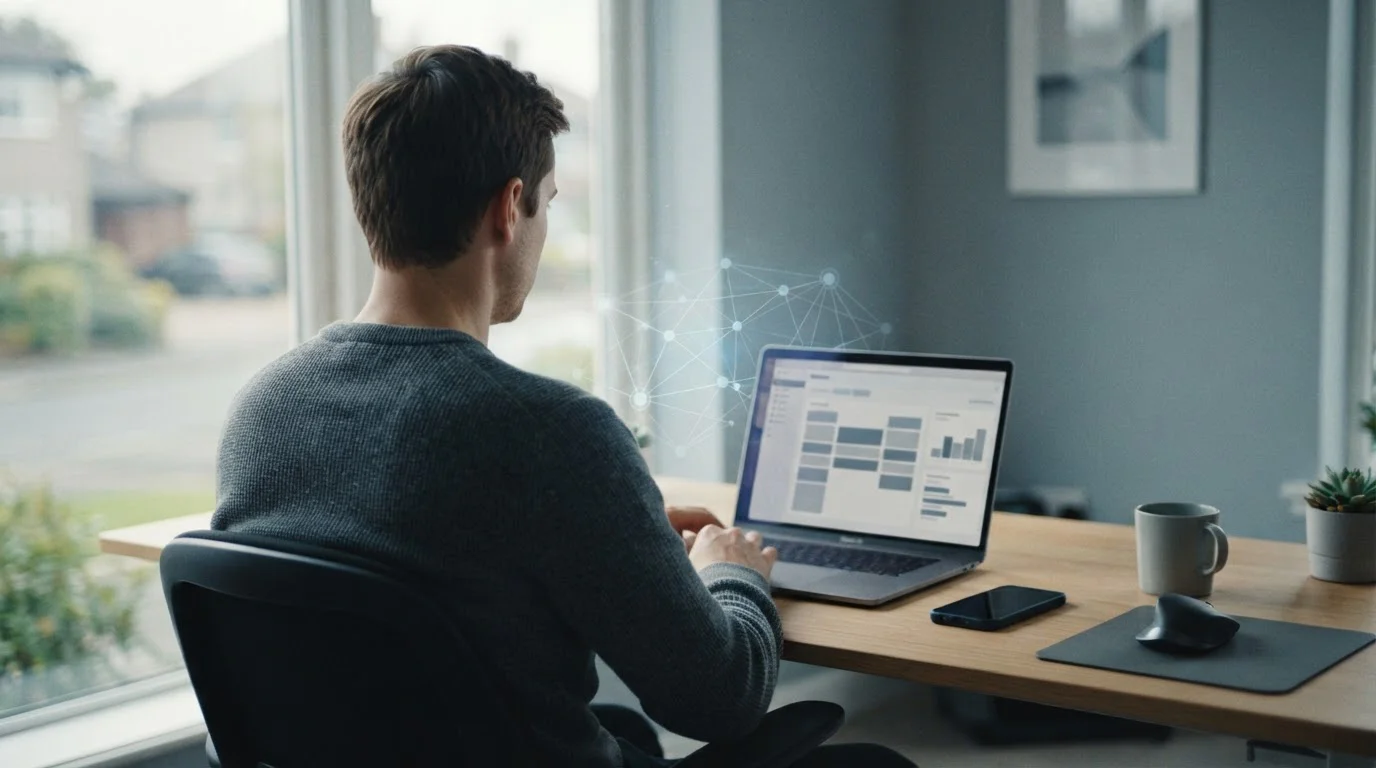 Person analysiert Krypto-Wettanbieter auf Laptop-Bildschirm in neutralem Arbeitsumfeld