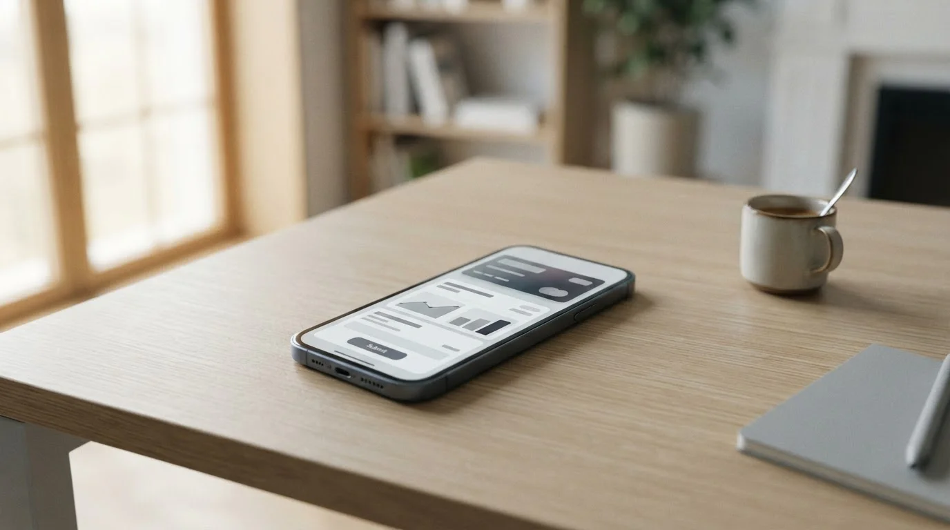 Smartphone mit neutraler Zahlungsschnittstelle auf minimalistischem Schreibtisch