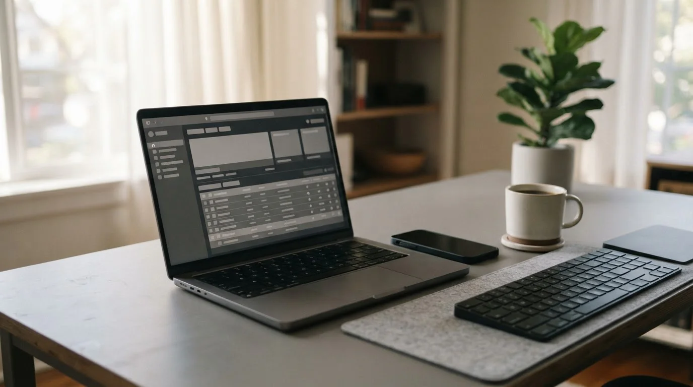 Laptop mit neutraler Wettplattform-Oberfläche und Smartphone auf Schreibtisch