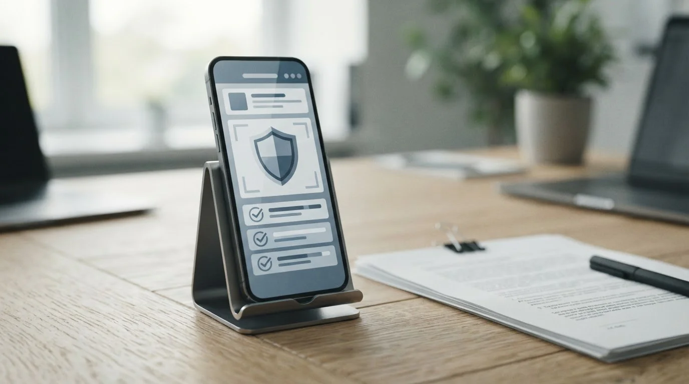 Smartphone zeigt abstraktes Lizenz-Symbol und behördliche Prüfsiegel