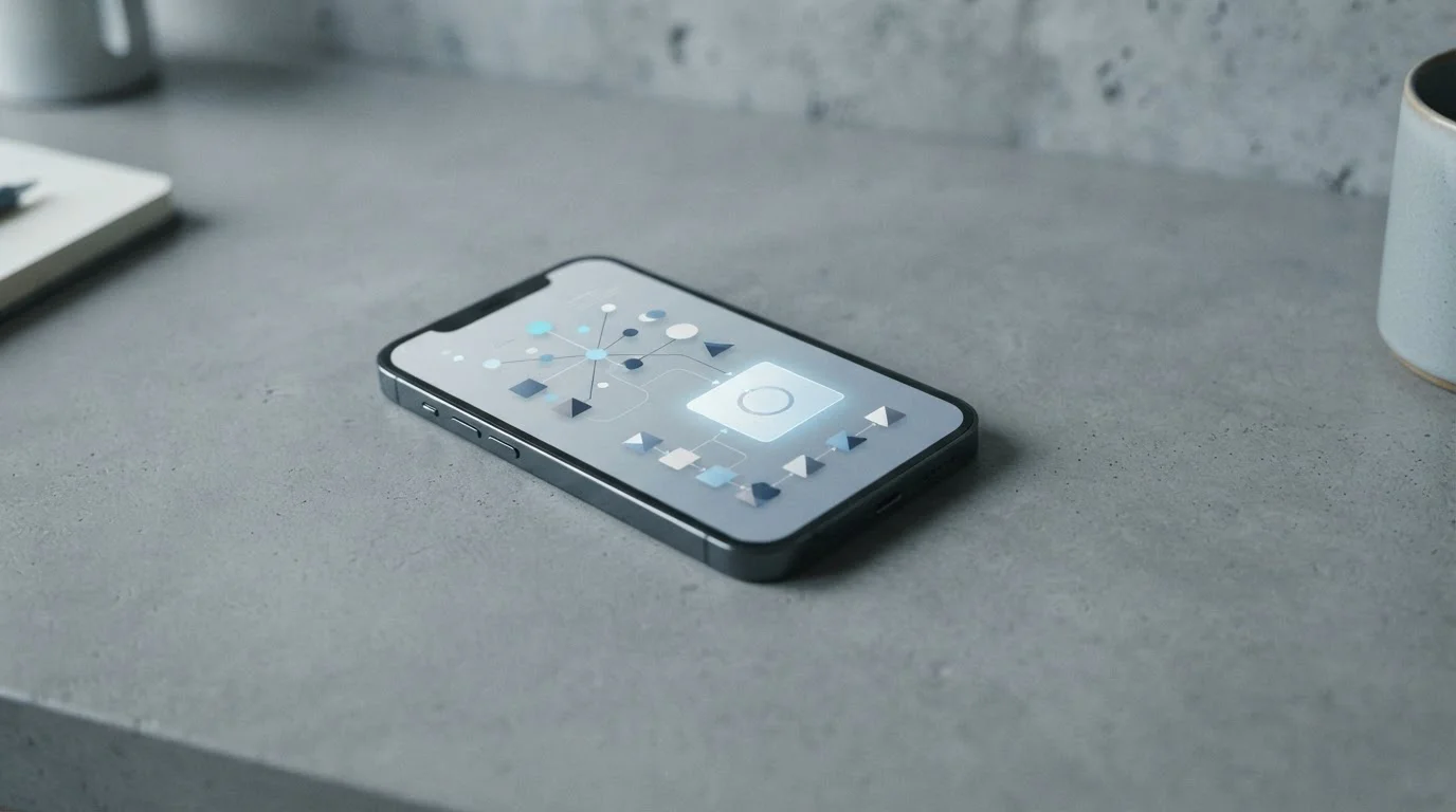 Smartphone mit abstrakter Krypto-Zahlungsschnittstelle auf neutralem Hintergrund