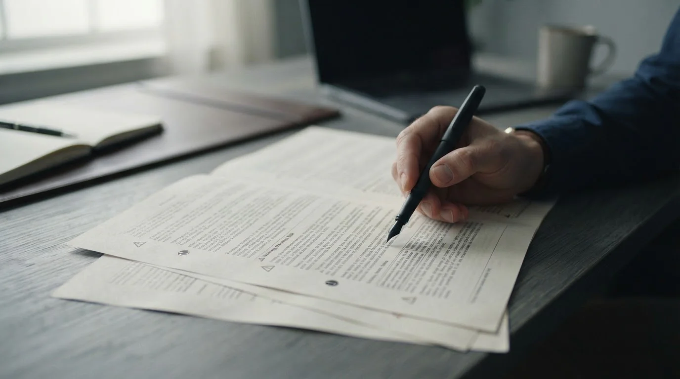 Dokument mit Paragraphen und Schutzhinweisen auf einem Schreibtisch