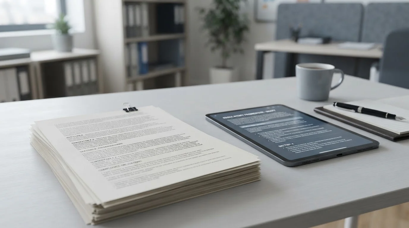 Dokumente und Tablet mit Gesetzestexten auf Schreibtisch