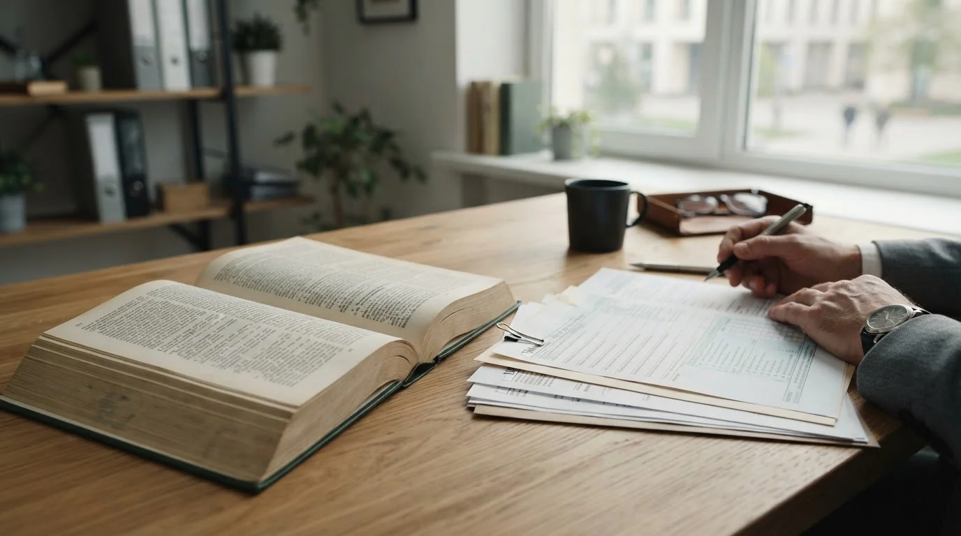 Aufgeschlagenes Gesetzbuch und Dokumente zum deutschen Steuerrecht auf Schreibtisch