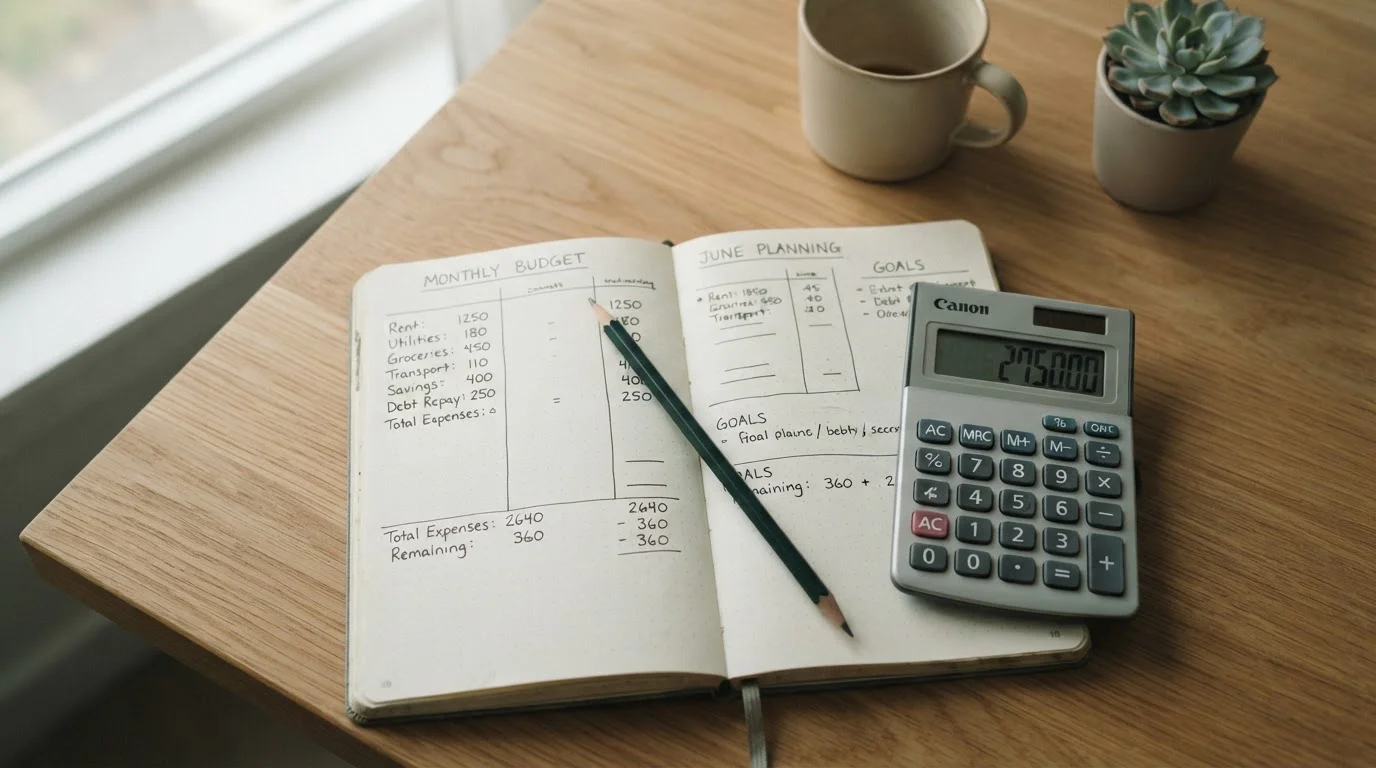 Notizbuch mit Budgetplanung und Taschenrechner für verantwortungsvolle Wetteinsätze