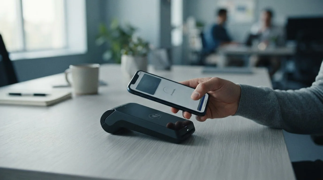 Hände halten Smartphone über kontaktlosem Bezahlterminal