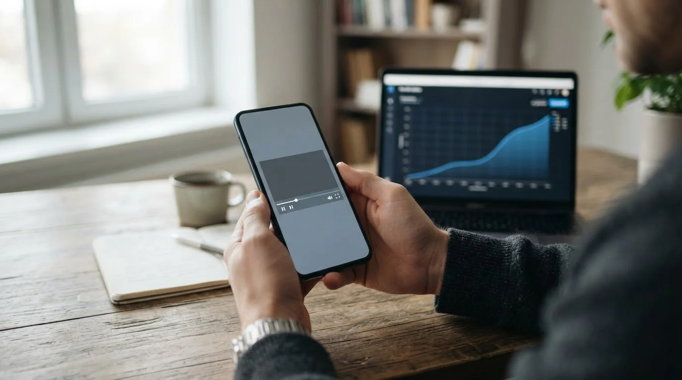 Smartphone mit laufendem Video-Stream und Datenverbrauch-Anzeige im Hintergrund