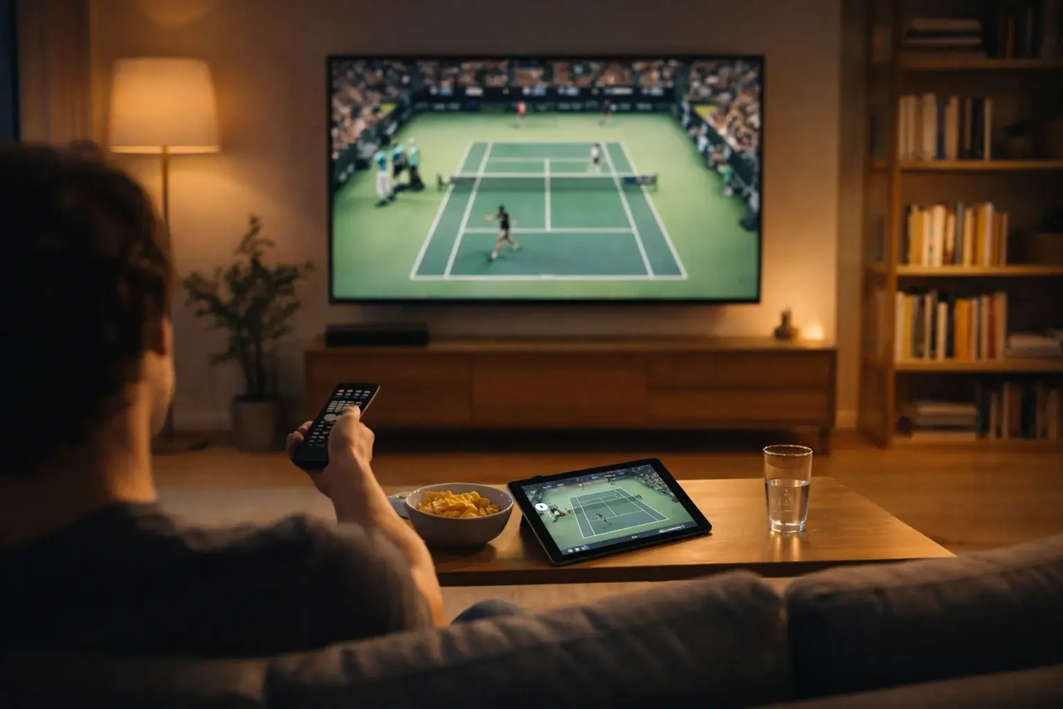 Tennisfan verfolgt ein Live-Match auf einem Bildschirm — Tennis-Streaming und TV-Übertragung in Deutschland 2026