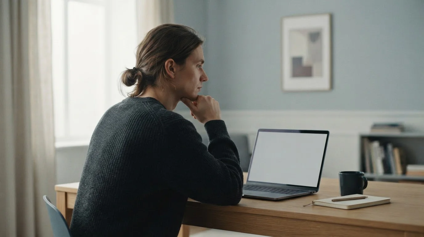 Person in Denkpose vor Laptop bei der Abwägung von Wettoptionen