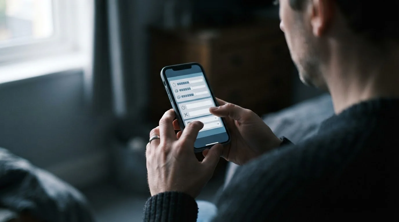Person setzt Limits in neutraler Wett-App, Fokus auf Selbstkontrolle