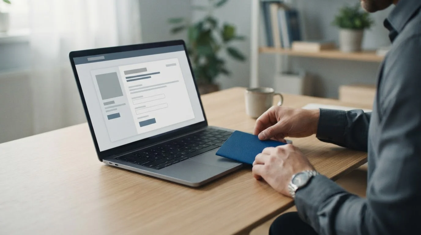 Verifizierungsprozess mit Ausweisdokument und Laptop für die Identitätsprüfung