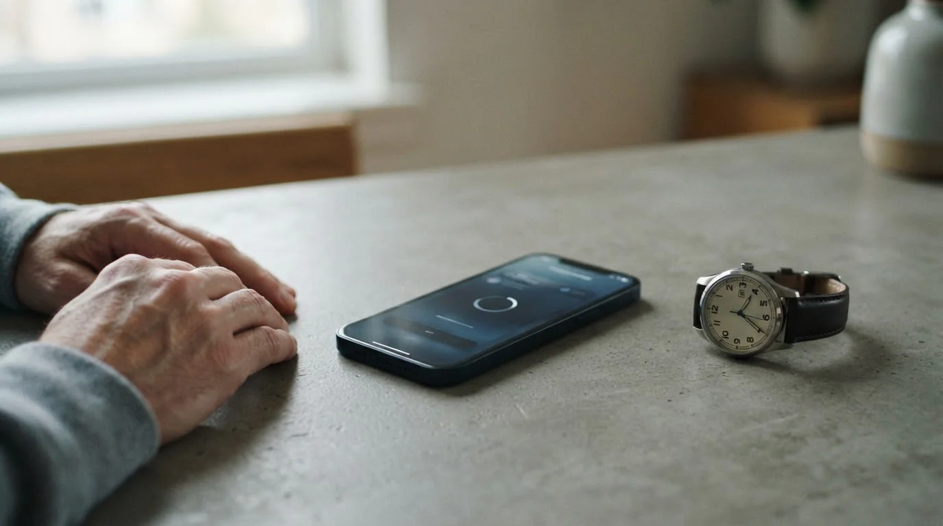 Smartphone und Armbanduhr auf Tisch symbolisieren Wartezeiten bei Transaktionen