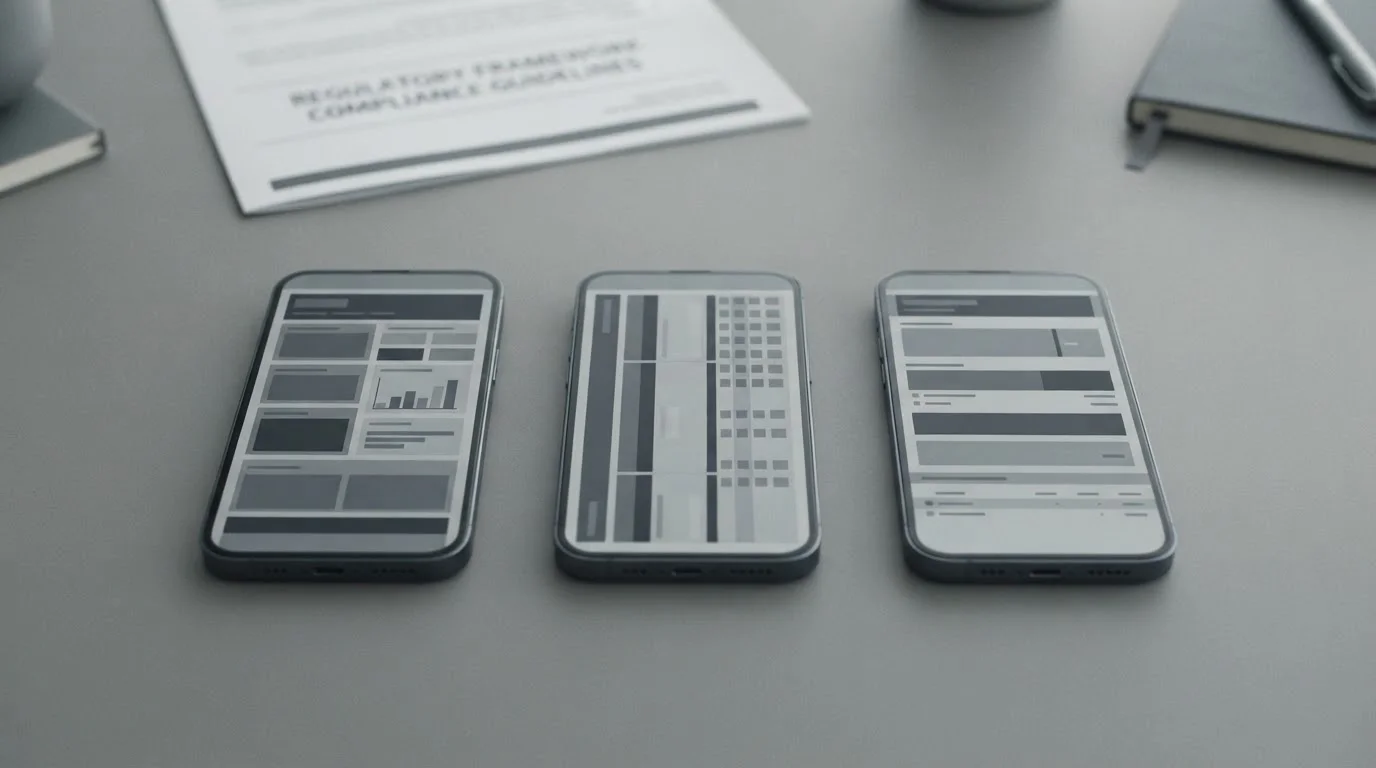 Mehrere Smartphones nebeneinander mit abstrakten App-Oberflächen und Lizenzierungsdokumenten
