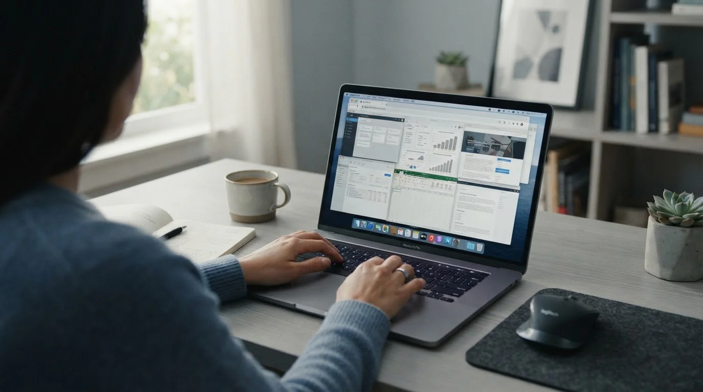 Laptop mit mehreren geöffneten Browser-Tabs auf hellem Schreibtisch, Vergleich von Wettanbietern