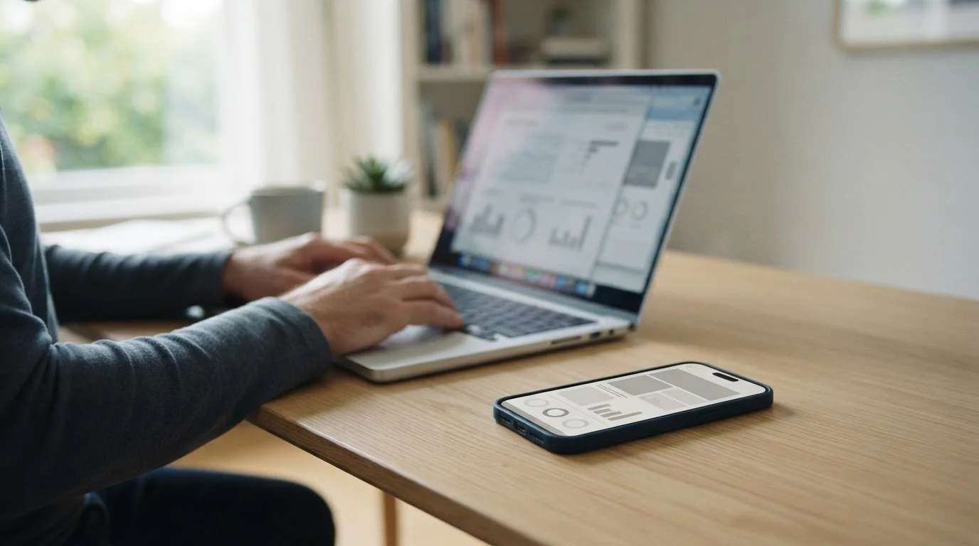 Smartphone mit Banking-App und Laptop bei Online-Zahlungsvorgang