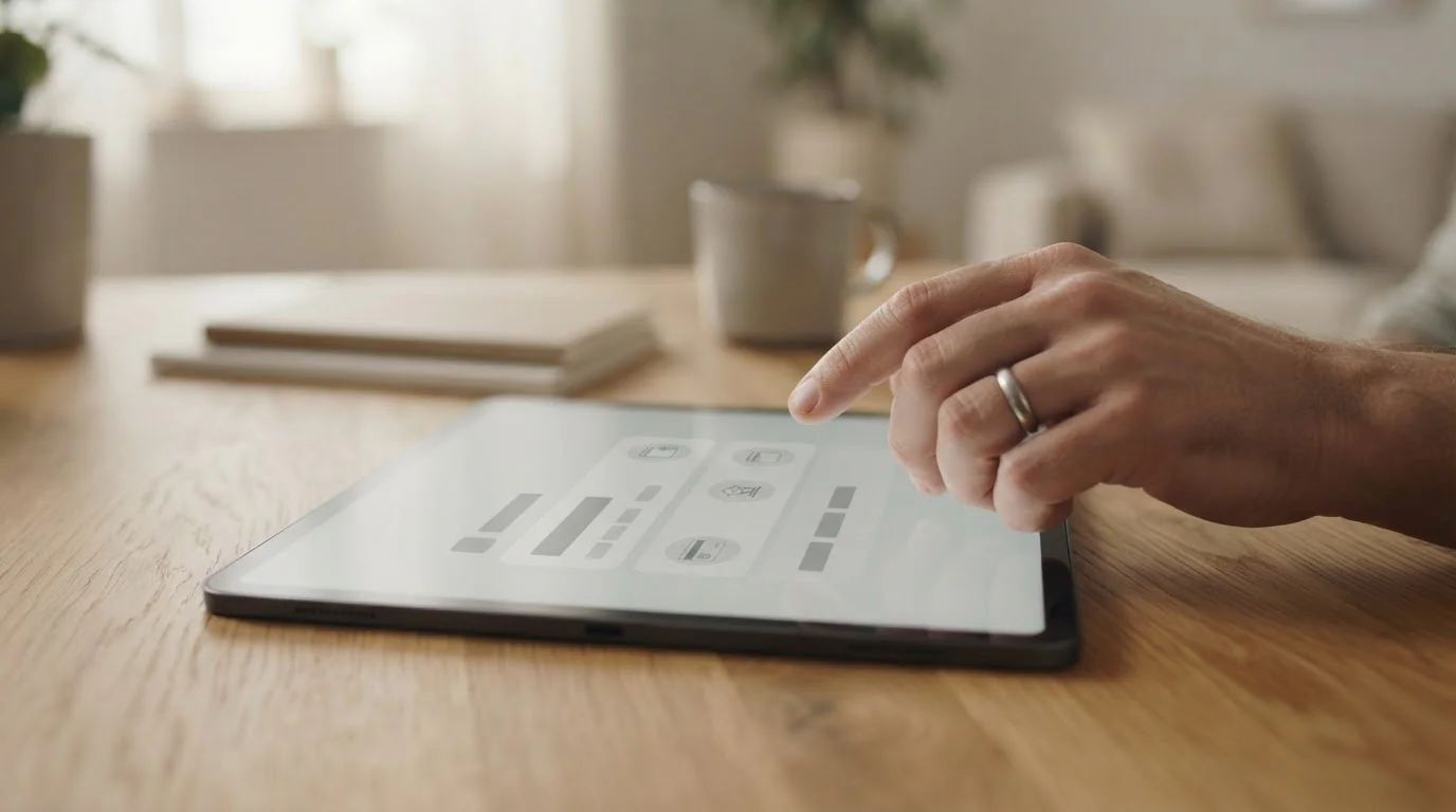 Hand wählt Zahlungsmethode auf Tablet mit neutraler Benutzeroberfläche