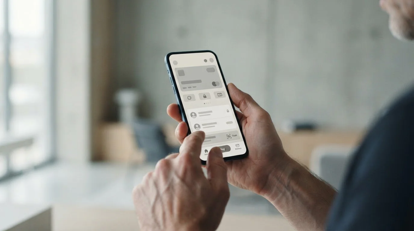 Hände halten Smartphone mit neutraler Zahlungs-App für digitale Transaktionen