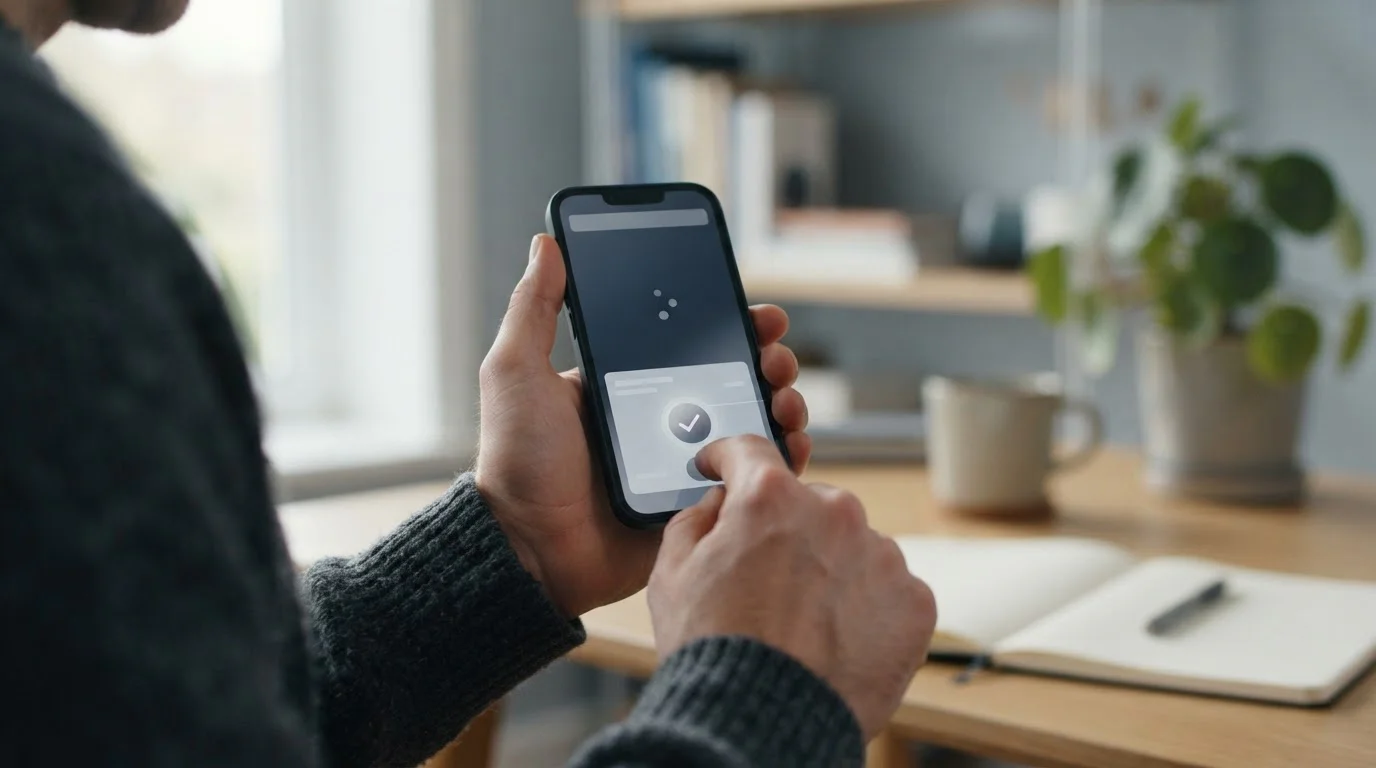 Hände bedienen Smartphone mit abstrakter Zahlungs-App